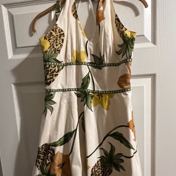 Donna Ricco New York Size 12- White Halter Floral & Pineapple Tropical Dress - Picture 2 of 10